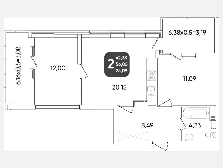 3-комнатная квартира, 56.06 м², 16/24 этаж фото 0