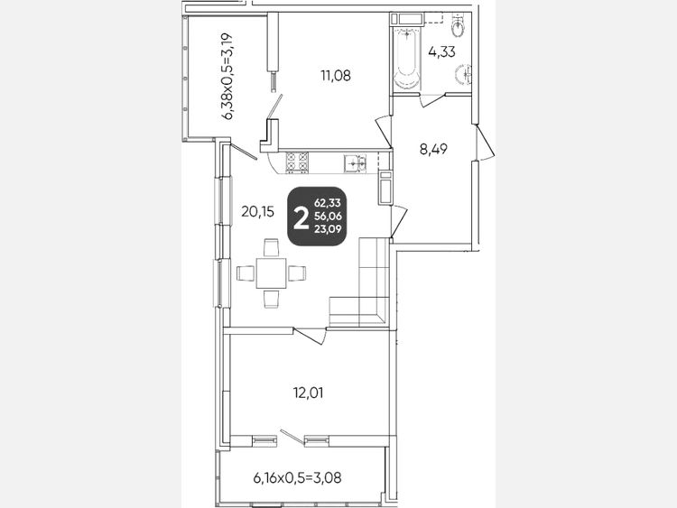 3-комнатная квартира, 56.06 м², 14/17 этаж фото 0